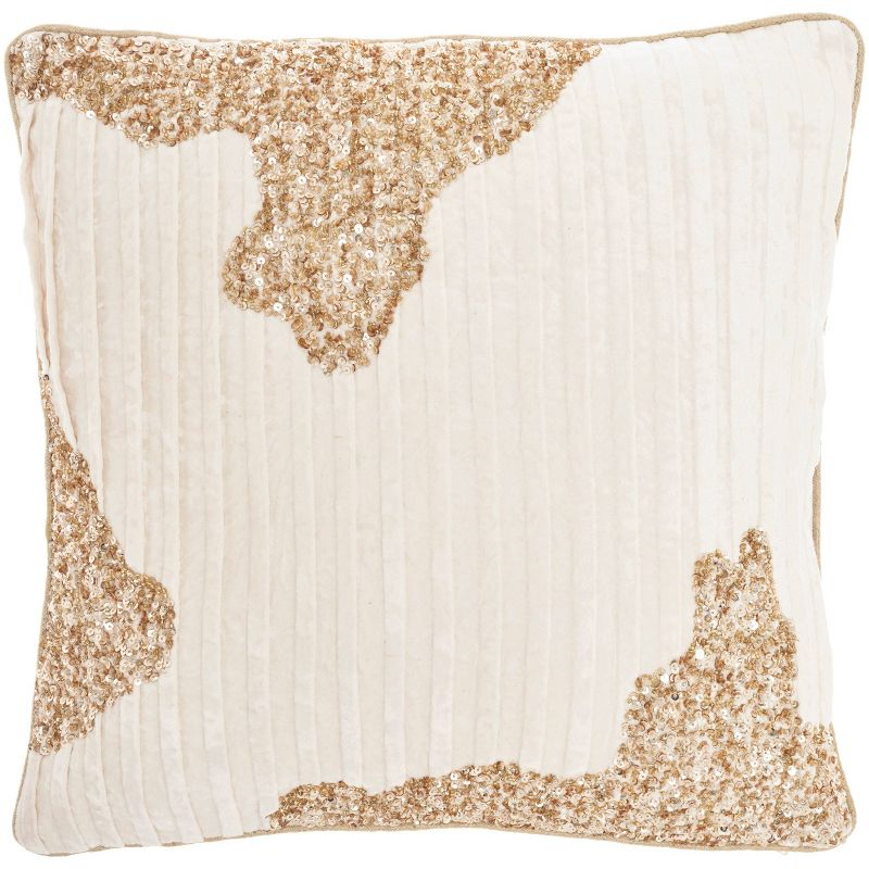 Mina Victory 18"x18" Sofia Beaded Pleated Velvet Square Throw Pillow Ivory/Gold: Bohemian Stripe, Removable Cover, Indoor Use