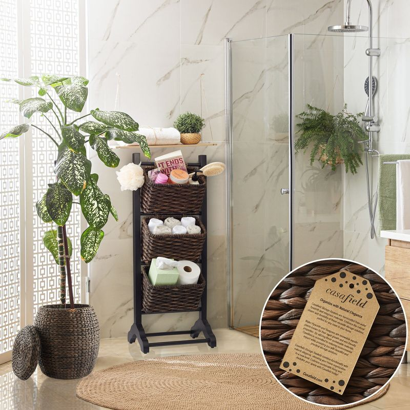 Casafield 3-Tier Floor Stand with Hanging Storage Baskets, Black/Espresso - Wood Tower Rack for Bathroom, Kitchen, Laundry, Living Room