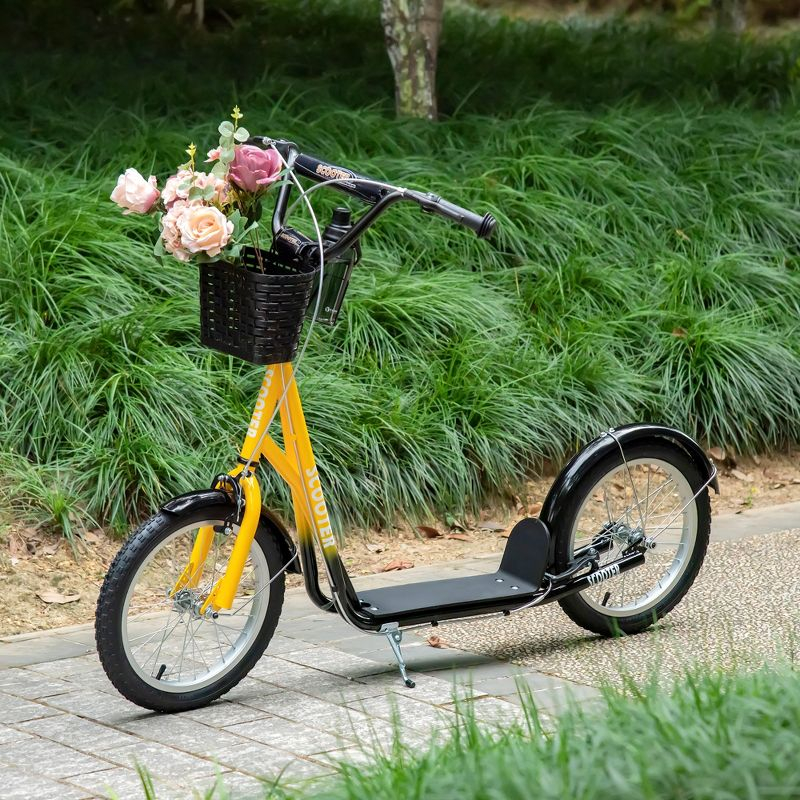 Aosom Youth Scooter, Kick Scooter with Adjustable Handlebars, Double Brakes, 16" Inflatable Rubber Tires, Basket, Cupholder, Orange