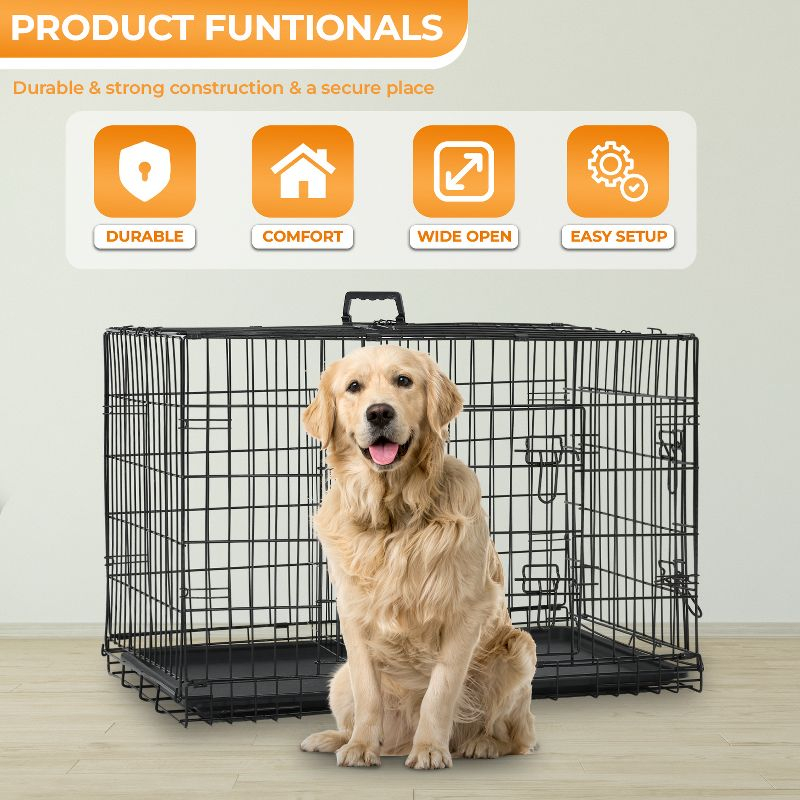 FDW 48 Inch Dog Crates for Large Dogs, Folding Mental Wire Crates Dog Kennels Pet Dog Cage Crate with Double-Door Removable Tray and Handle,Black