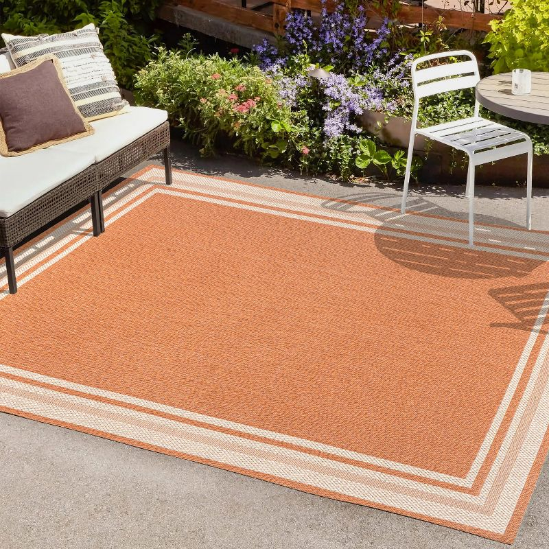 8' x 10' James Modern Border Stripe Indoor/Outdoor Area Rug, Orange/Cream - JONATHAN Y