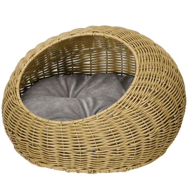 PawHut Rattan Cat Bed, Wicker Cat House Basket with Washable Cushion for Small Indoor Cats and Dogs, Light Brown