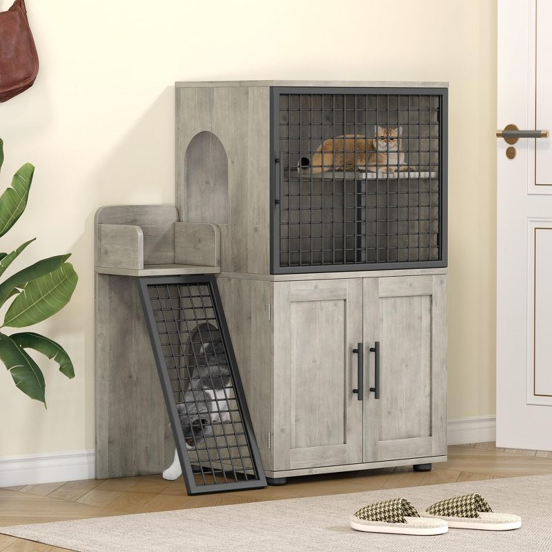 Modern Villa Litter Box Enclosure with Platform, Double Layer Hidden Furniture