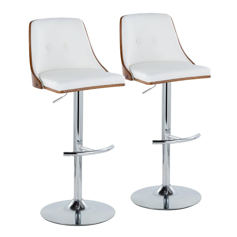 LumiSource Set of 2 Gianna Adjustable Barstools Chrome/Walnut/White: Mid-Century Modern, Faux Leather Upholstery, Swivel Function