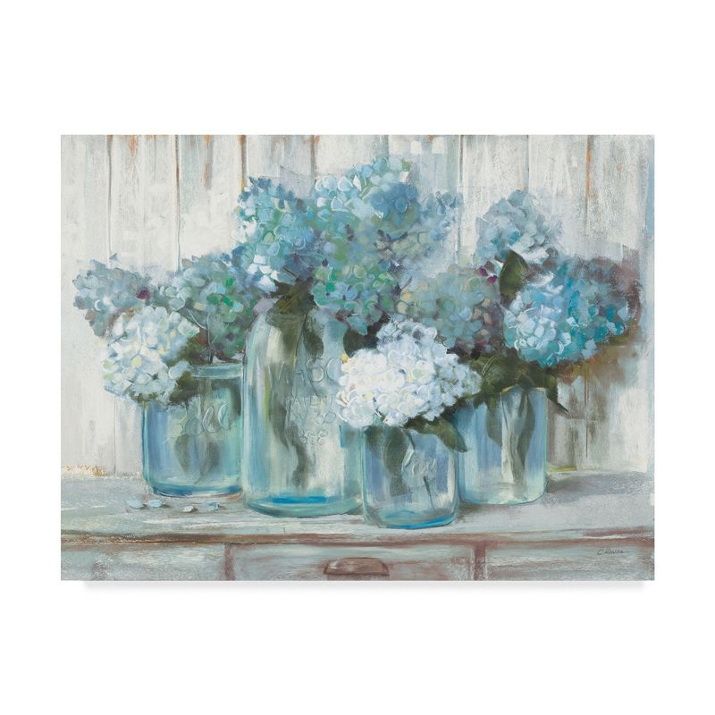 Trademark Fine Art -Carol Rowan 'Hydrangeas In Glass Jars Blue' Canvas Art - 35''x47''