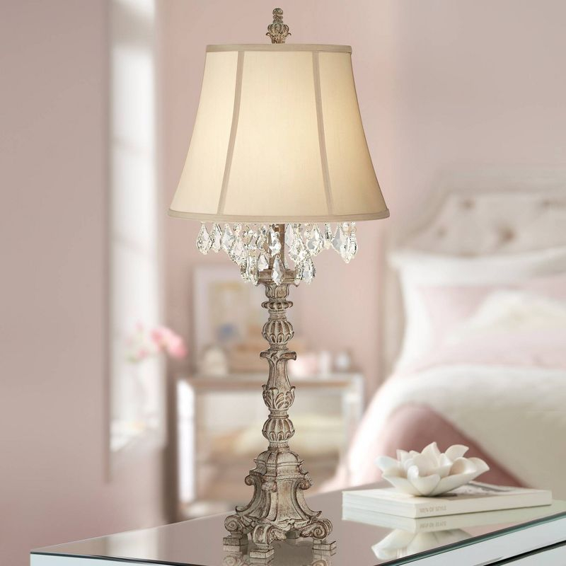 Barnes and Ivy Duval Traditional Table Lamp 34" Tall Distressed Antique White Candlestick Crystal Beige Fabric Bell Shade for Bedroom Living Room Home