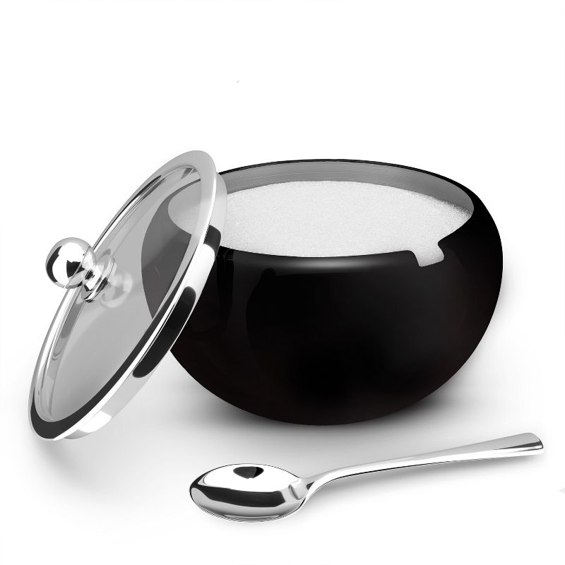 Kook Large Stainless Steel Sugar Bowl and Spoon, Glass Lid, 16 oz, Black