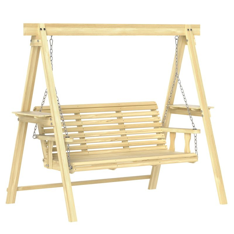 Outsunny 3 Seat Wooden Porch Swing with Stand, Patio Swing Chair with Side Tables, Natural Wood