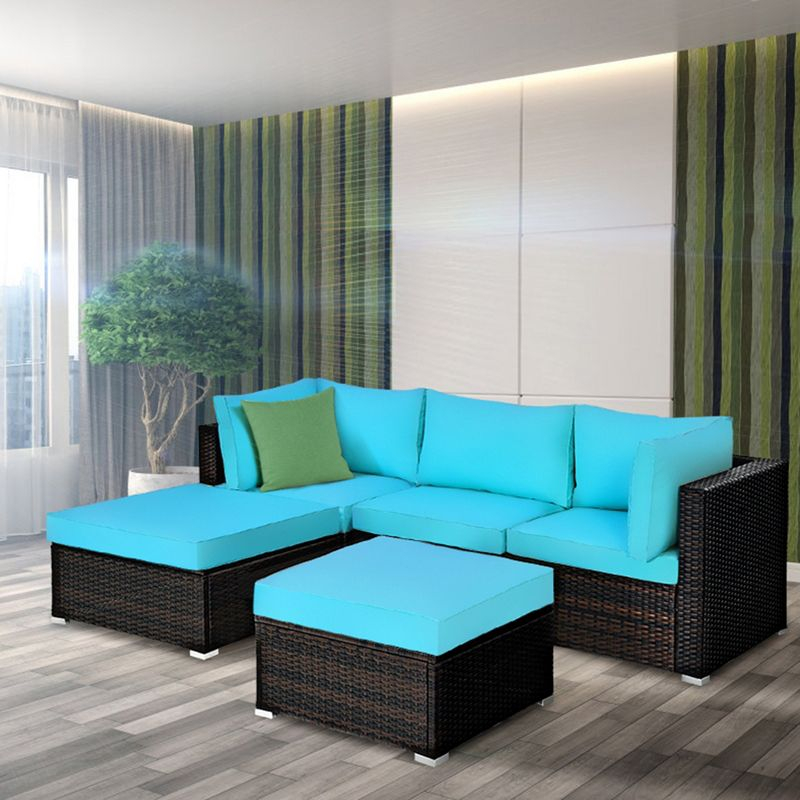 Tangkula 5PCS Cushioned Rattan Patio Conversation Set Outdoor Furniture Set w/ Ottoman