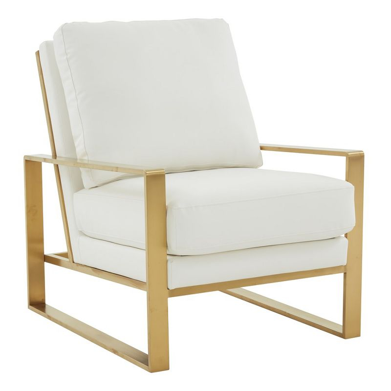 LeisureMod Jefferson Accent Arm Chair Upholstered in Faux Leather with Gold Stainless Steel Frame in White