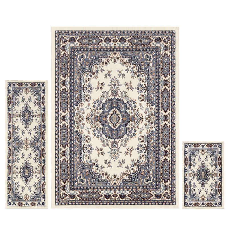 Home Dynamix Ariana Ksara Traditional Medallion Border Area Rug, Ivory/Blue, 3-Piece Set