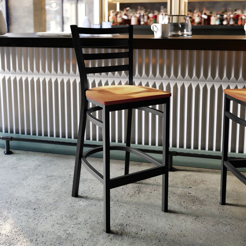 Flash Furniture HERCULES Series Black Ladder Back Metal Restaurant Barstool - Natural Wood Seat