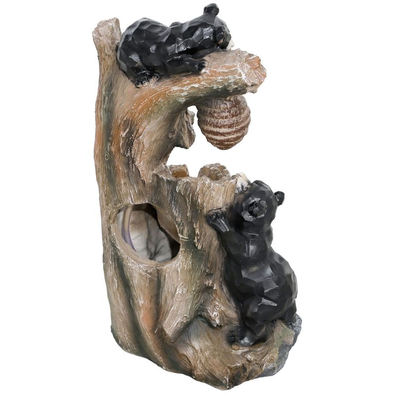 Outsunny 22.4" Outdoor Water Fountain, 3-Tier Floor Standing Resin Bears and Honey Beehive Tree Waterfall Fountain with LED Lights, Pump