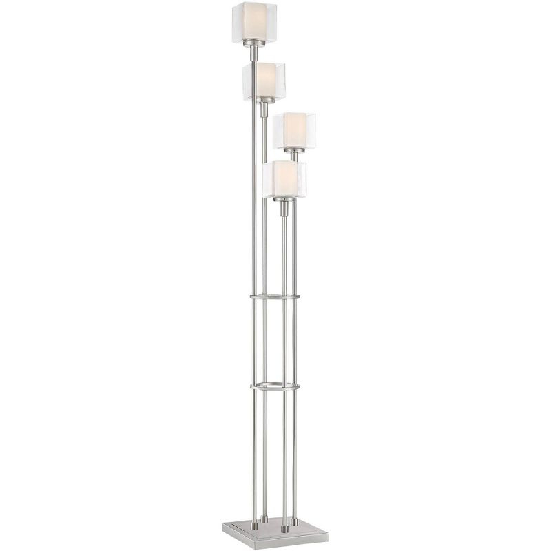 Possini Euro Design Athena Modern Floor Lamp 72" Tall Brushed Nickel 4 Light Tree Clear Outer Opal Inner Double Glass Shade for Living Room Bedroom