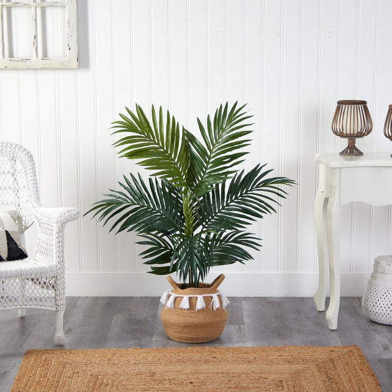 Nearly Natural 4-ft Kentia Palm Artificial Tree in Boho Chic Handmade Natural Cotton Woven Planter with Tassels
