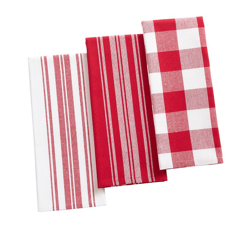 Farmhouse Living Stripe and Check Kitchen Towels, Set of 3 - 17" x 28" - Red/White - Elrene Home Fashions