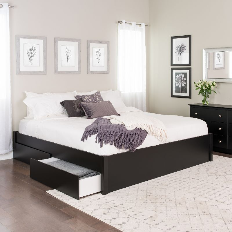 King Select 4-Post Platform Bed with 2 Drawers Black - Prepac: Solid Wood, Storage Functionality