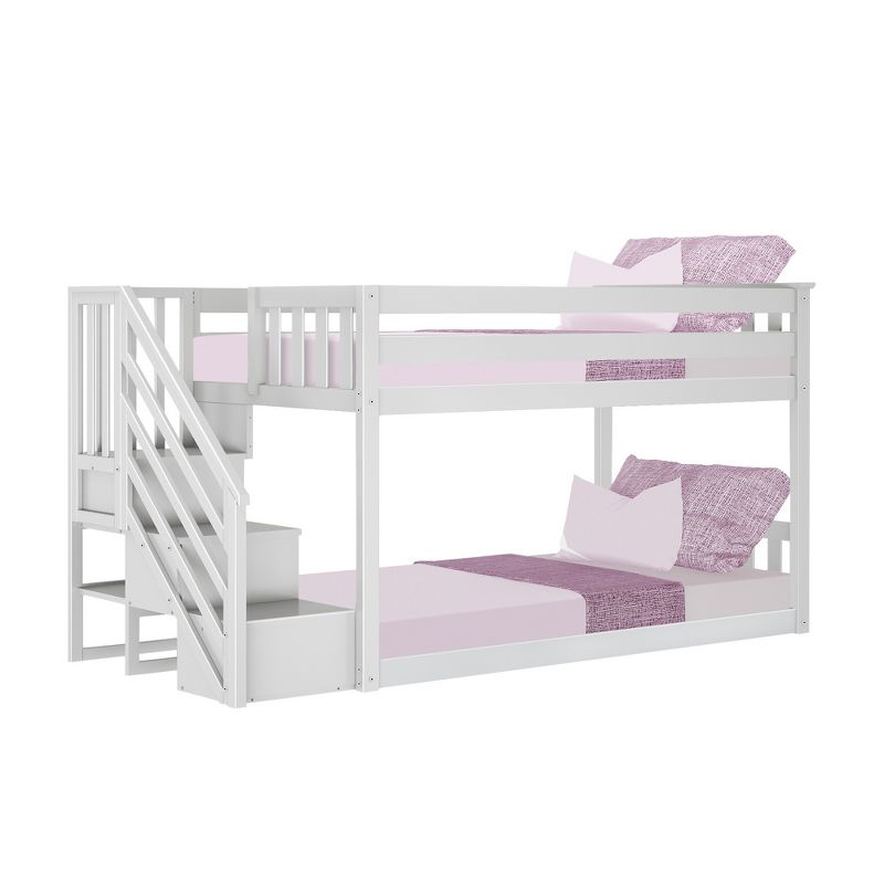 Max & Lily Solid Wood Twin over Twin Low Bunk Bed for Kids with Staircase, White