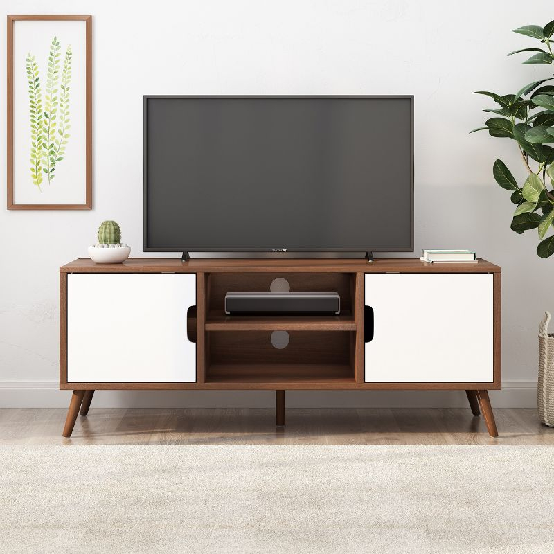 GDFStudio Zapara 47.25" Wooden TV Stand with 2-Cabinets, Walnut and White