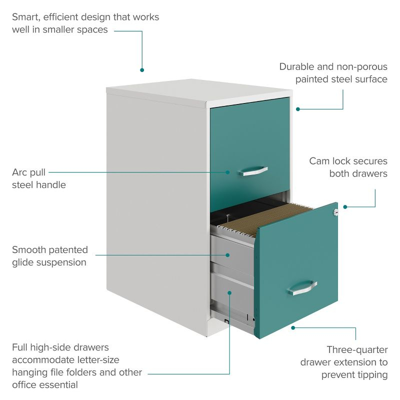 Space Solutions 18" Deep Letter Width 2-Tone Vertical File Cabinet White & Teal: Steel Office File Organizer, 2 Drawers