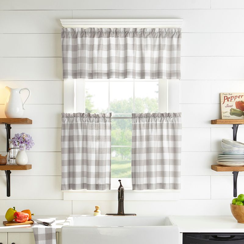 Farmhouse Living Buffalo Check Kitchen Tier Window Curtain Set of 2 - 30" x 36" - Gray/White - Elrene Home Fashions