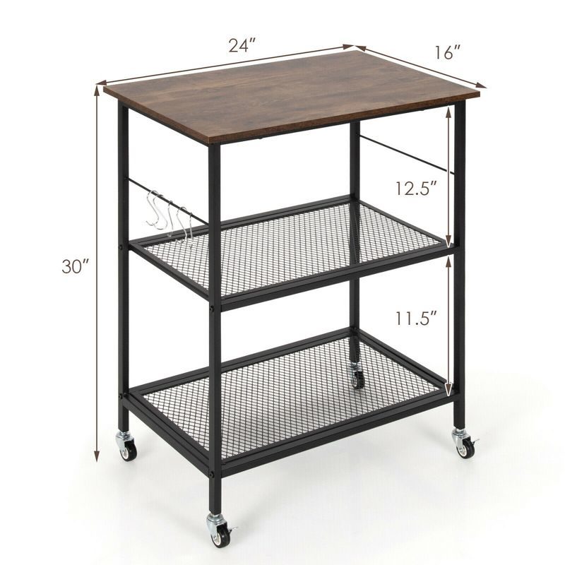 Costway 3-Tier Kitchen Serving Cart Utility Standing Microwave Rack w/ Hooks