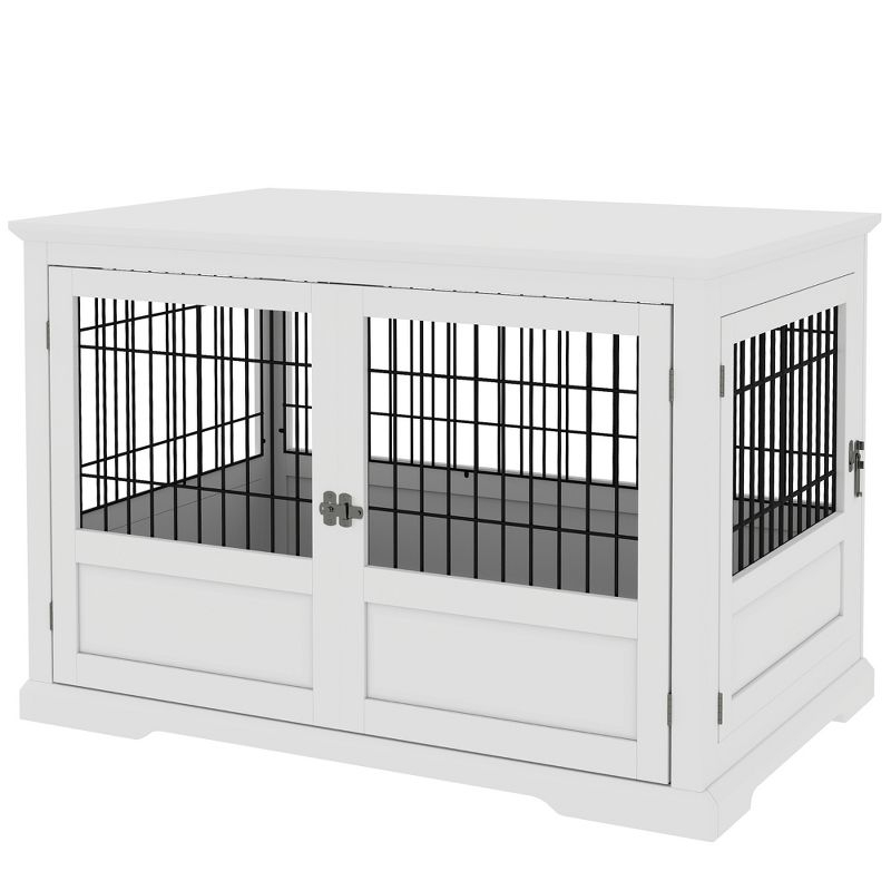 PawHut Dog Crate Furniture, 43" Dog Kennel End Table with 3 Doors, Removable Tray, for Extra Large Medium Small Dogs, Indoor Use, White