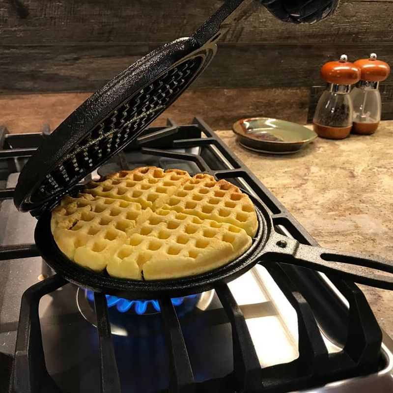 Lehmans Cast Iron Waffle Maker - Two Piece Hinged Non-Electric Waffle Iron for Stovetop or Grill Makes 7 inch Round Waffles - Non-Drip Double Rim - 8