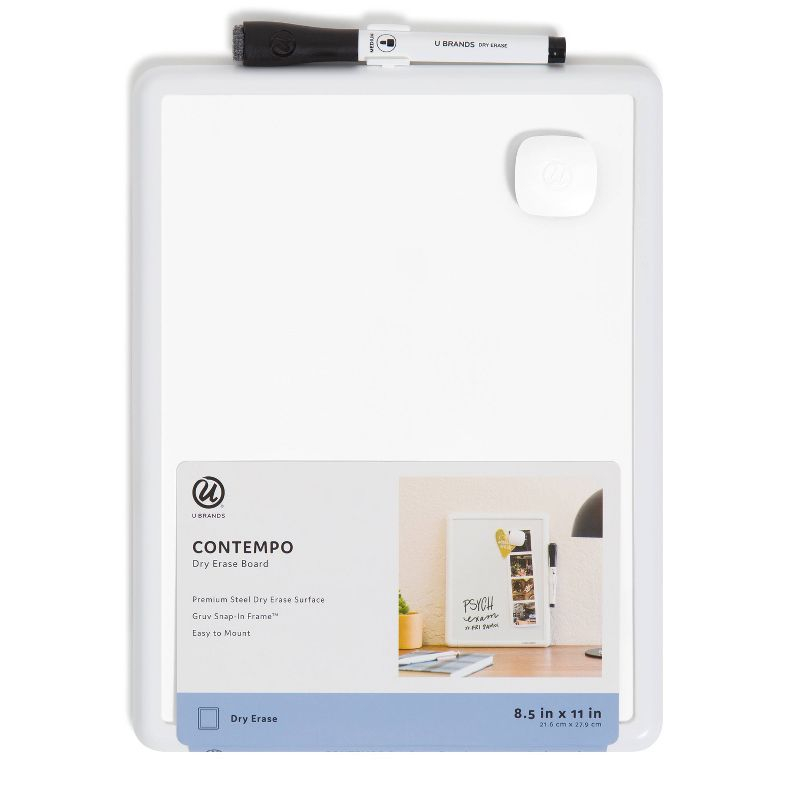 U Brands 8.5"x11" Contempo Magnetic Dry Erase Board White: Small Wall Mount Presentation Board, Polypropylene, Steel, Plastic