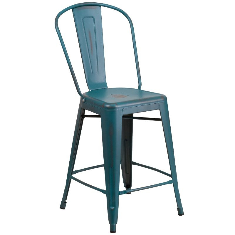 Merrick Lane 24" Metal Indoor-Outdoor Counter Stool with Vertical Slat Back and Integrated Footrest in Distressed Kelly Blue-Teal