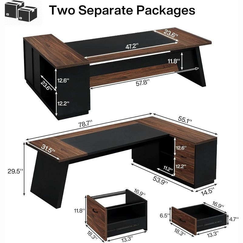 Tribesigns Modern 78" L-Shaped Executive Desk with Drawers and Lateral File Cabinet, Brown