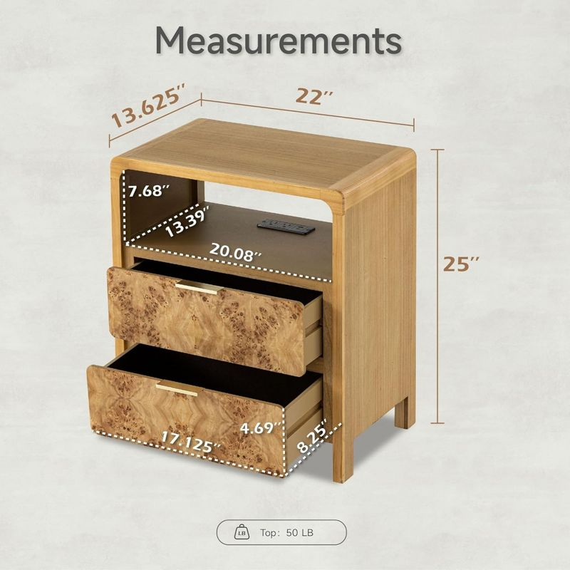 COZAYH Farmhouse 2 Drawer Home Bedroom Nightstand with Charging Station, Side Table with Power Outlet, USB and Type-C Ports, Burl Wood Finish, Natural