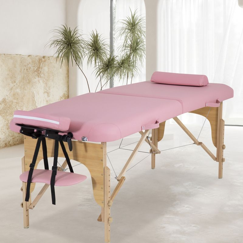 FDW Massage Bed 73 Inches Long Height Adjustable Massage Table W/Sheet Cradle Bolster Portable 2 Folding Massage Salon Table Hanger Tattoo Bed,Pink