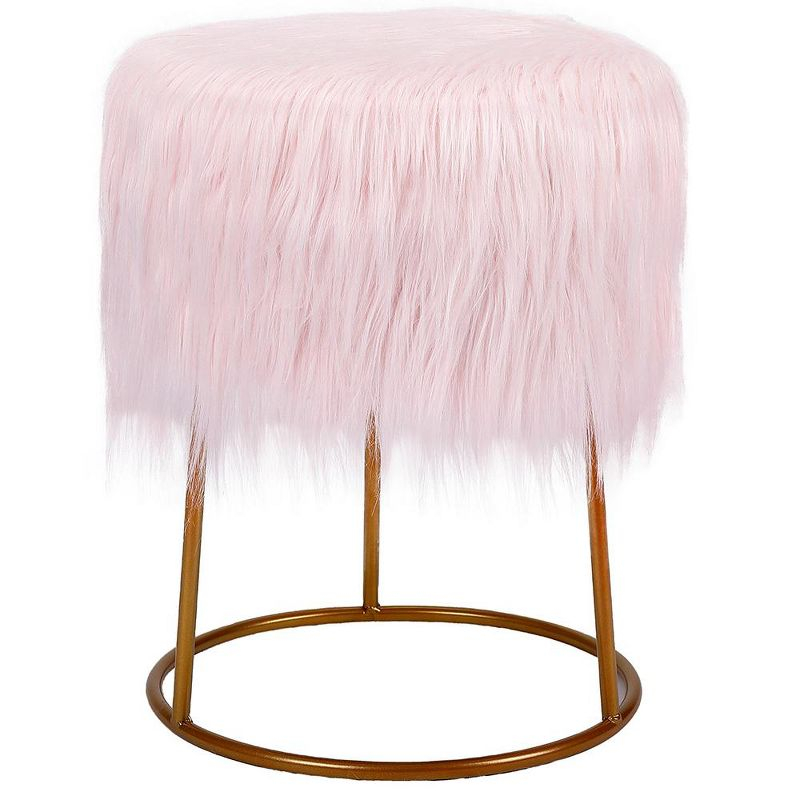 BirdRock Home Round Pink Faux Fur Foot Stool Storage Ottoman with Pale Gold Legs