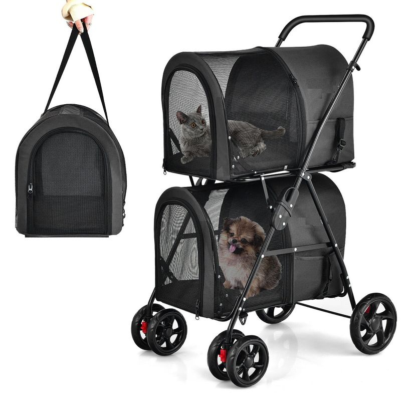 Tangkula Double Pet Stroller with 2 Detachable Carrier Bags Safety Belt 4 Lockable Wheels Cat Stroller Travel Carrier Strolling Cart Folding Black