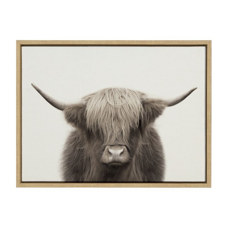 Kate and Laurel Sylvie Hey Dude Highland Cow Color Framed Canvas by The Creative Bunch Studio, 18x24, Natural
