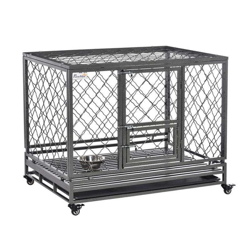PawHut 42.5" Heavy Duty Dog Crate Metal Kennel and Cage Dog Playpen with Lockable Wheels, Slide-out Tray, Food Bowl and Double Doors