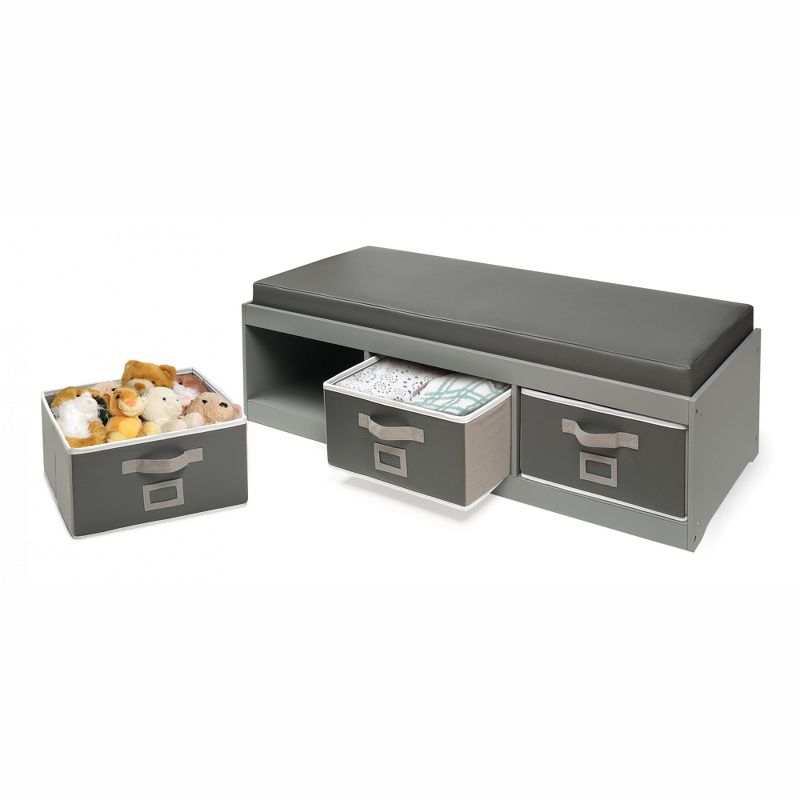 Badger Basket Kid's Storage Bench with Cushion and Three Bins - Gray