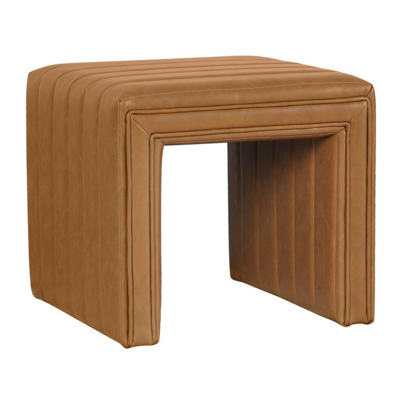 Modern Channel Ottoman Caramel Faux Leather - HomePop: Upholstered Rectangle, No Assembly Required