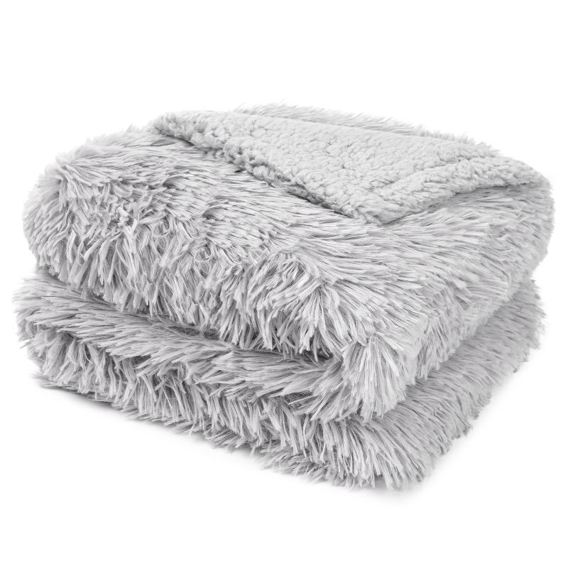 PAVILIA Fluffy Faux Fur Reversible Throw Blanket for Bed, Sofa, and Couch, Light Gray/Throw - 50x60