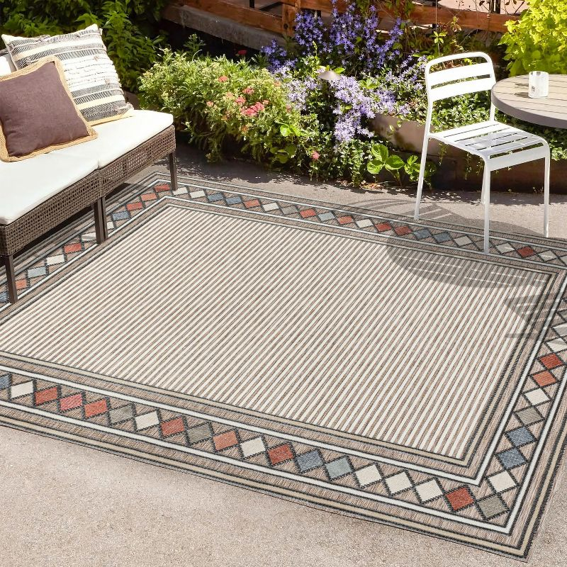 JONATHAN Y Sebastian High-Low Modern Diamond Border Brown/Ivory 3 ft. x 5 ft. Indoor/Outdoor Area Rug