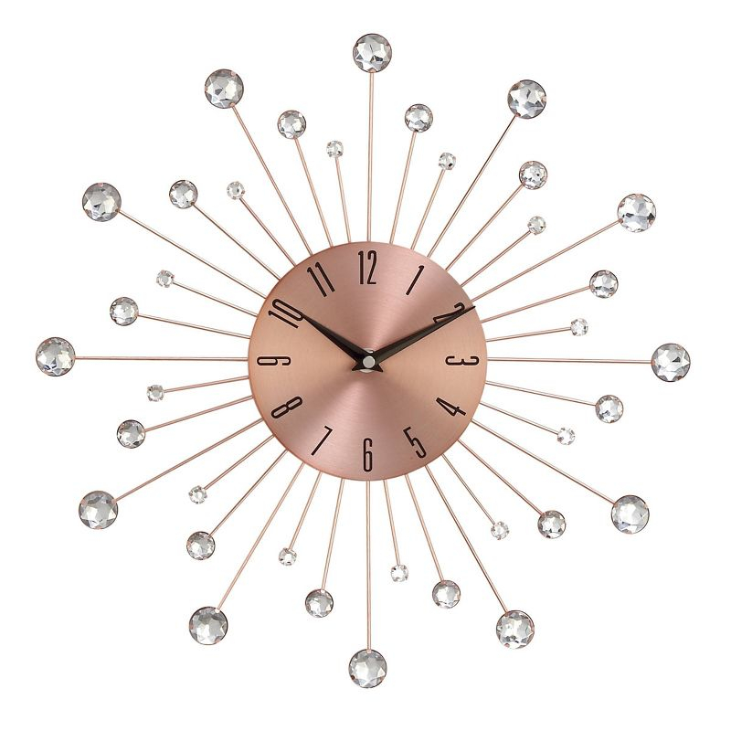 15"x15" Metal Starburst Wall Clock with Crystal Accents Copper - Olivia & May