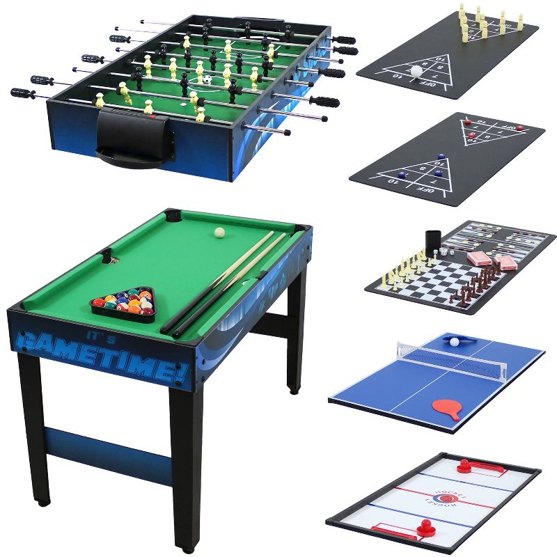 Sunnydaze Multi-Game Table with Billiards, Hockey, Foosball, Ping Pong, Shuffleboard, Chess, Cards, Checkers, Bowling, and Backgammon - Game Time Blue