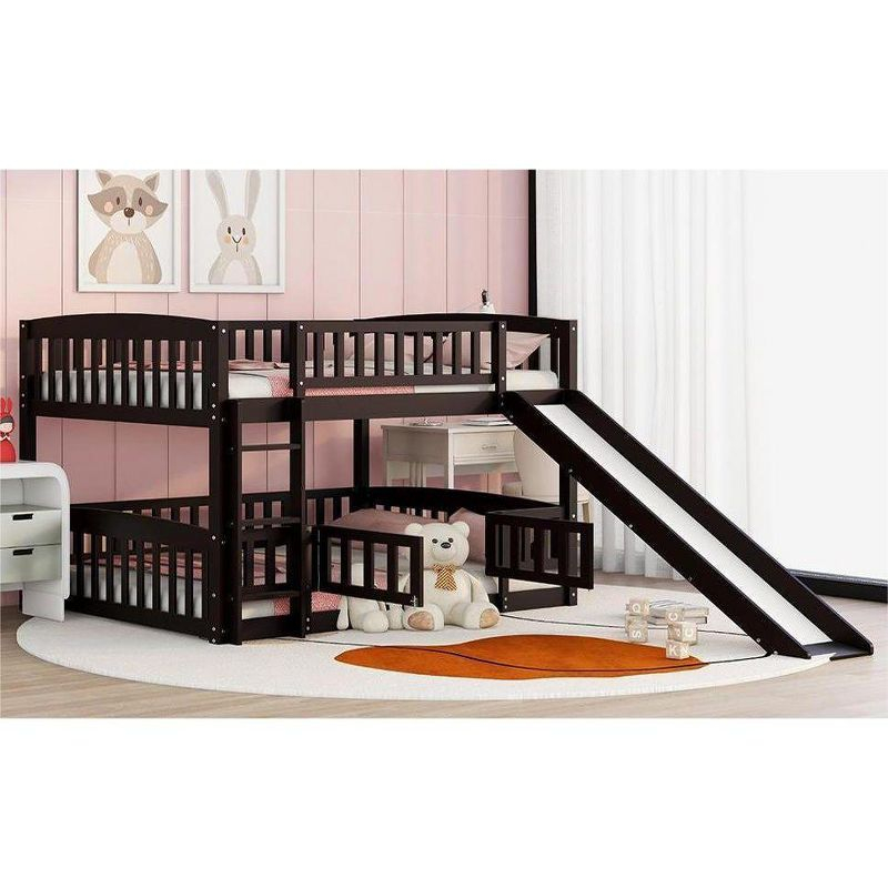 Streamdale Bunk Bed With Slide, Full Over Full Low Bunk Bed With Fence And Ladder For Toddler Kids Teens, Espresso