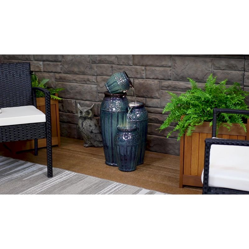 Sunnydaze 27"H Electric Ceramic Dark Turquoise Tour de Vase Outdoor Water Fountain with LED Lights