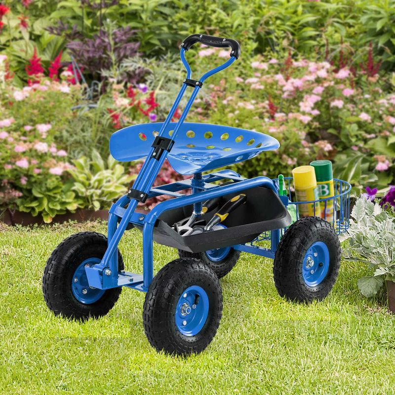 Costway Garden Cart Patio Wagon Roll Work Seat with Tray Basket Extendable Handle Blue