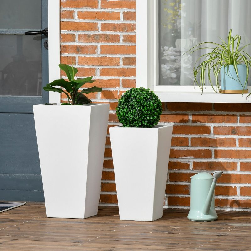 Outsunny 2-Pack MgO Flower Pots with Drainage Holes, Outdoor Planters, Durable & Stackable, for Entryway, Patio, Yard, Garden, White
