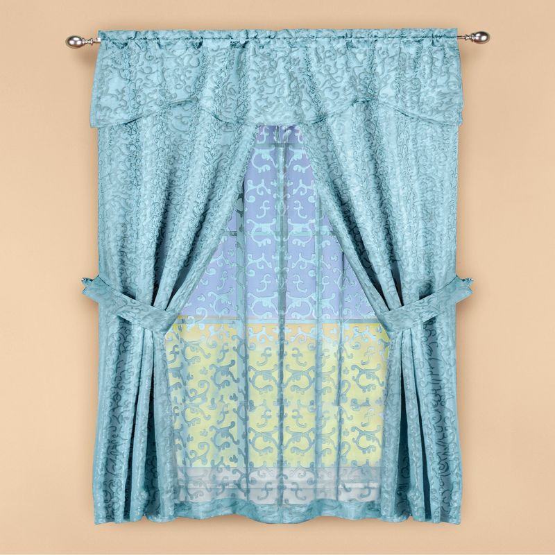 Collections Etc Insulated Scrolling Design Sheer Window Curtain Set with Tie Backs 54" x 63" Blue