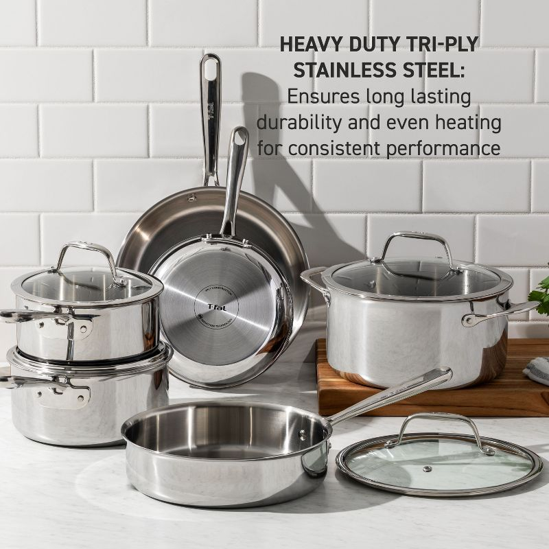 T-fal Pro Tri-Ply Stainless Steel, 10 Piece Cookware Set, Silver