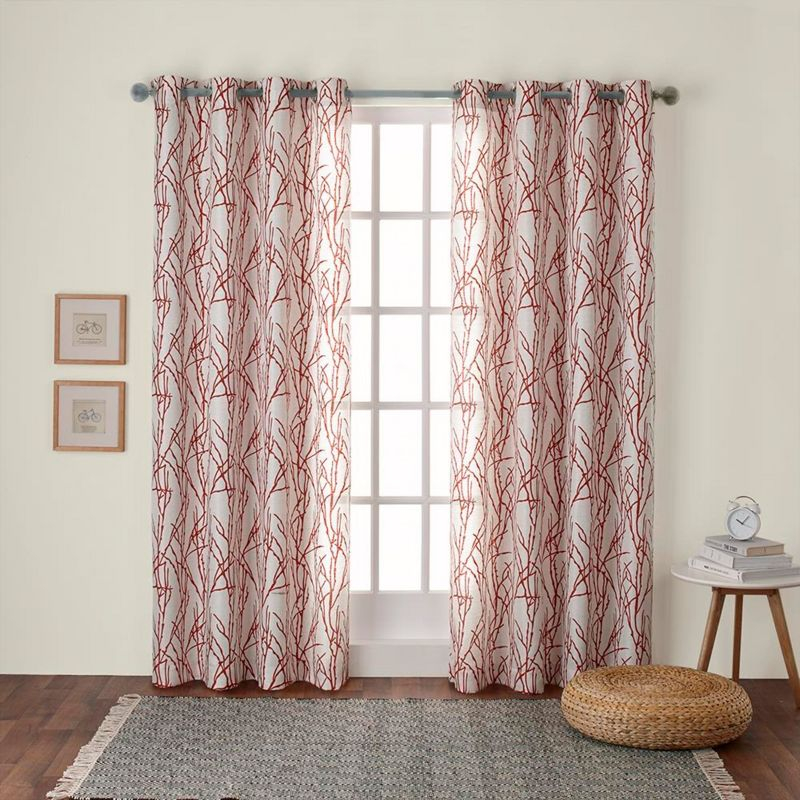 EXCLUSIVE HOME Branches Linen Blend Grommet Top Curtain Panel Pair, 54"x108", Mecca Orange
